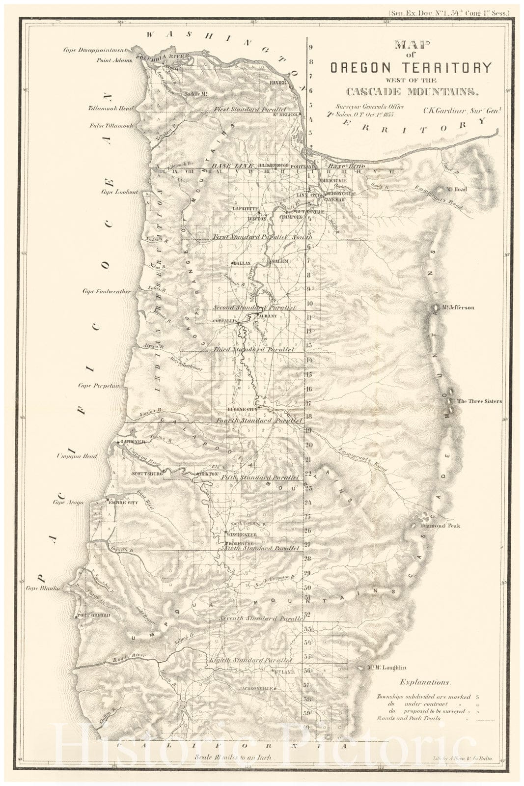 Historic Map : 1855 Map of the Oregon Territory West of the Cascade Mountains : Vintage Wall Art
