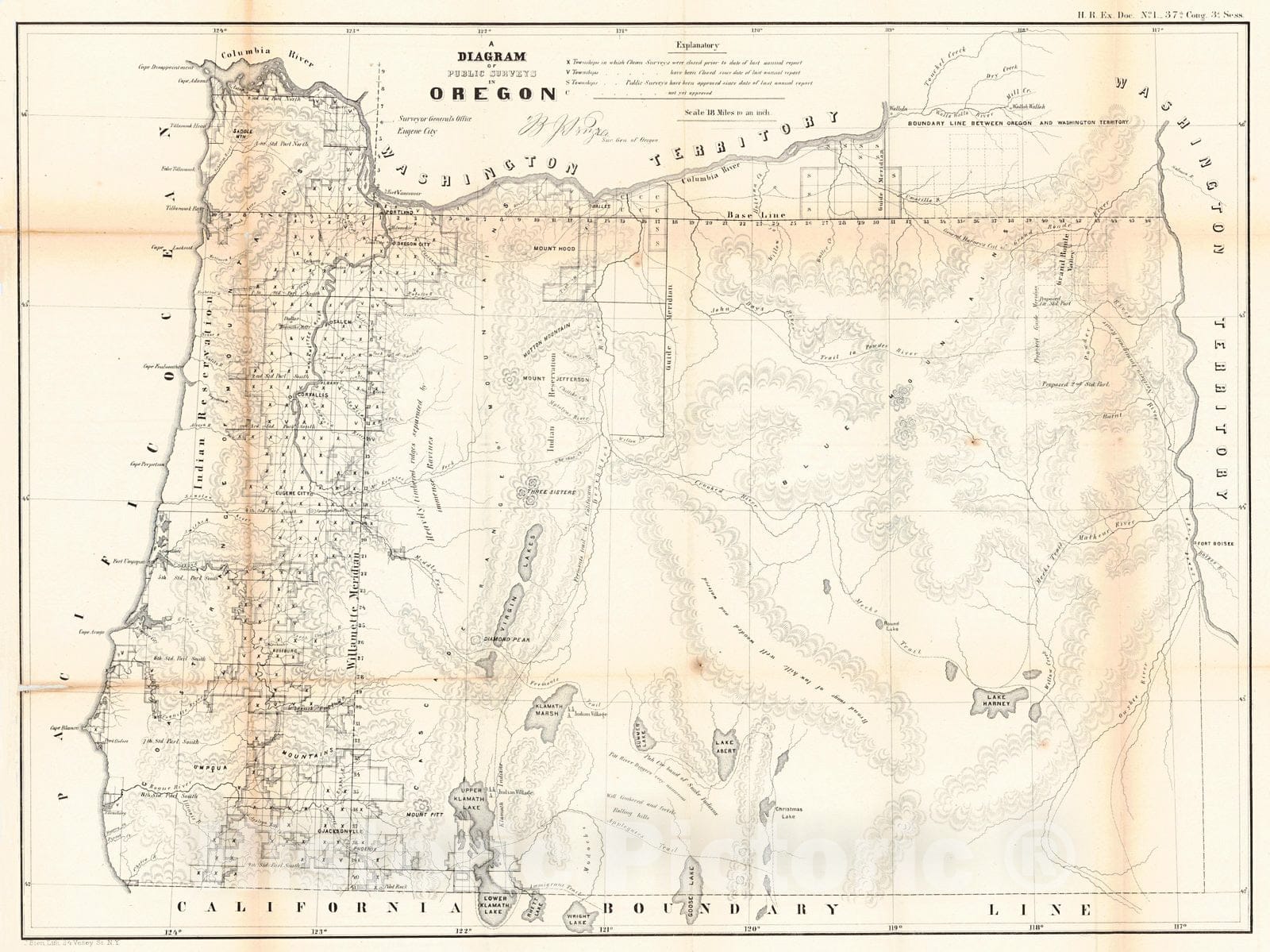 Historic Map : 1858 A Diagram of Public Surveys in Oregon : Vintage Wall Art