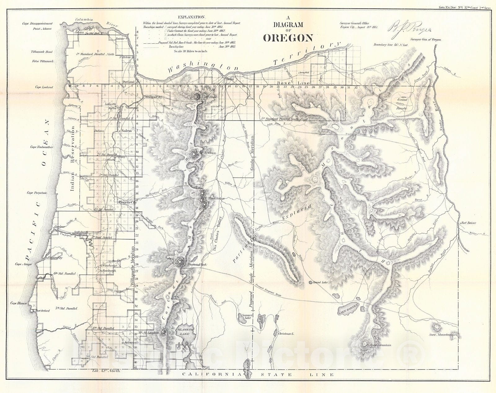 Historic Map : 1861 A Diagram of Oregon : Vintage Wall Art