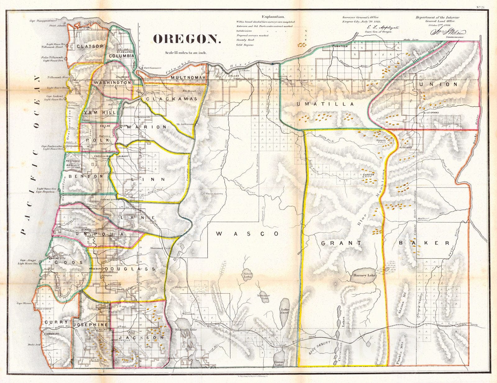 Historic Map : 1866 Oregon : Vintage Wall Art