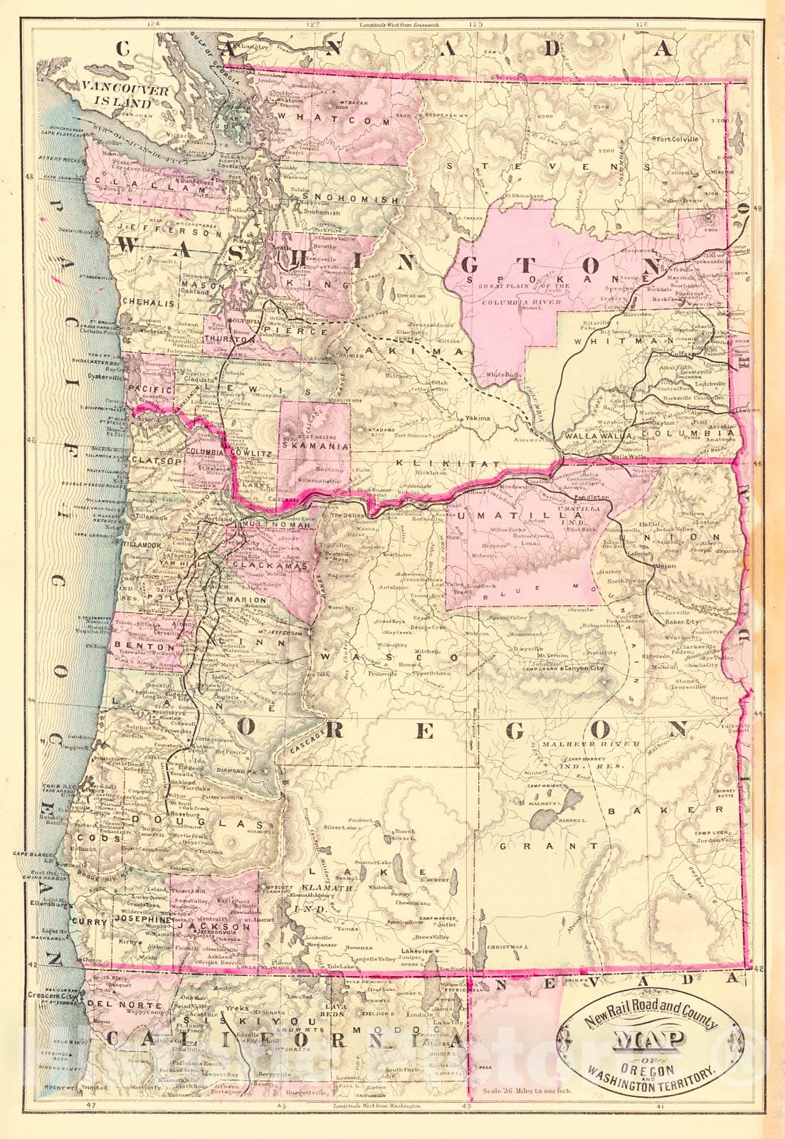 Historic Map :  New Rail Road and County Map of Oregon and Washington Territory : Vintage Wall Art