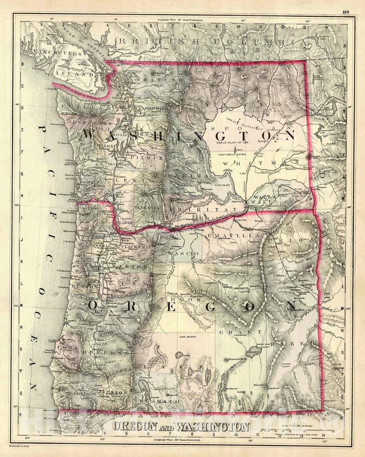 Historic Map : 1883 Oregon and Washington : Vintage Wall Art