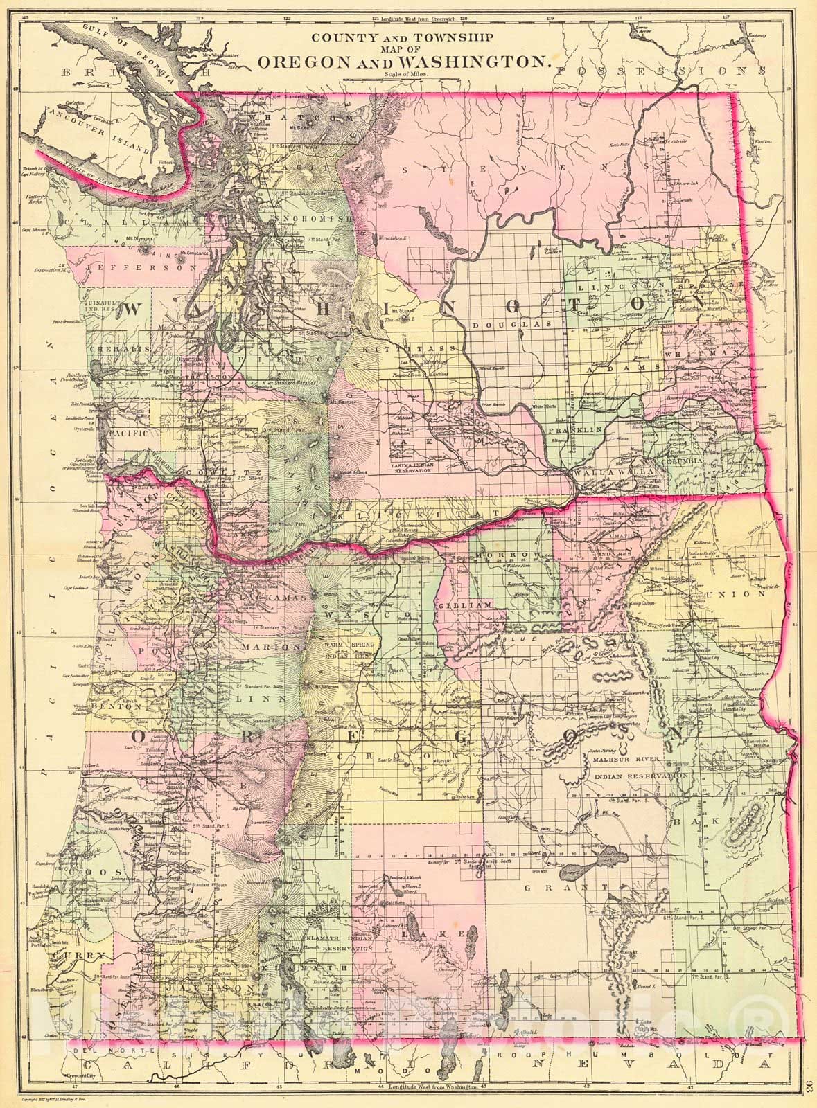 Historic Map : 1887 County and Township Map of Oregon and Washington : Vintage Wall Art
