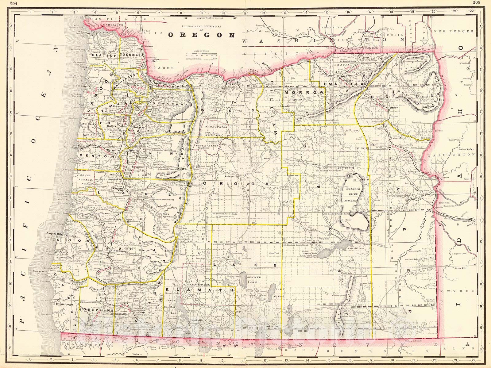 Historic Map : 1887 Railroad and County Map of Oregon : Vintage Wall Art