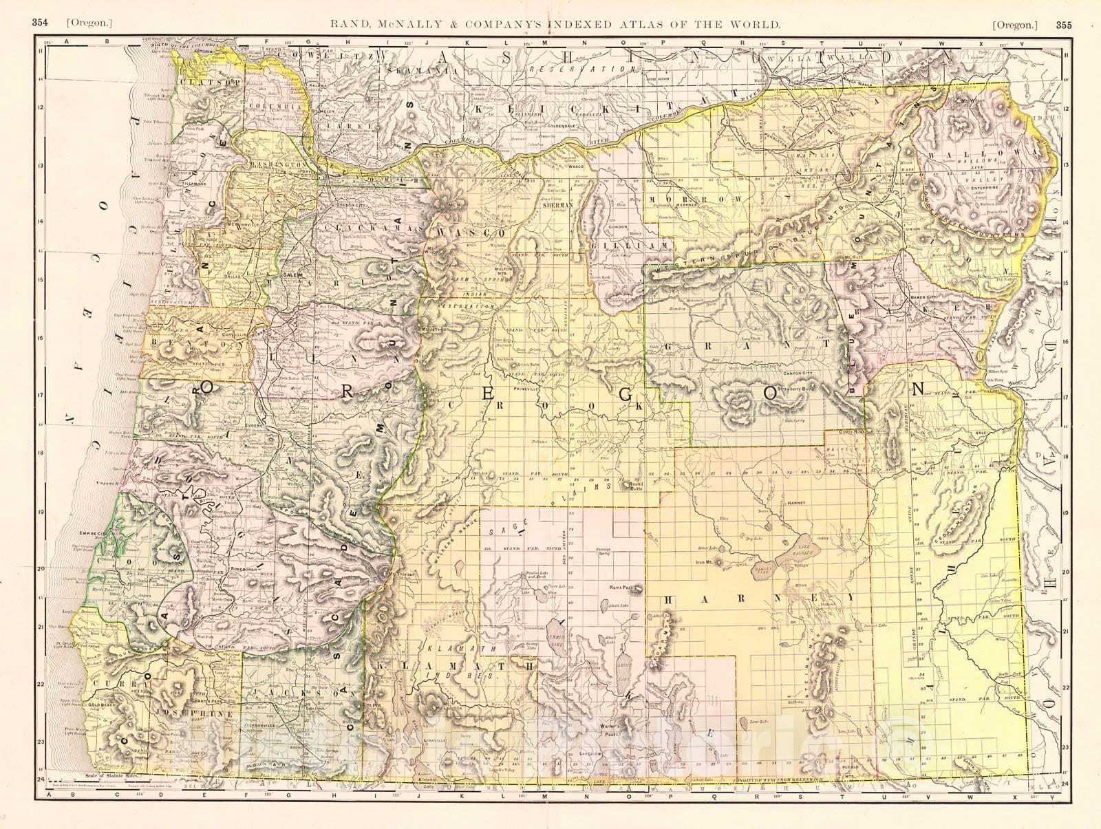 Historic Map : 1891 Rand McNally's New Business Atlas Map of Oregon : Vintage Wall Art