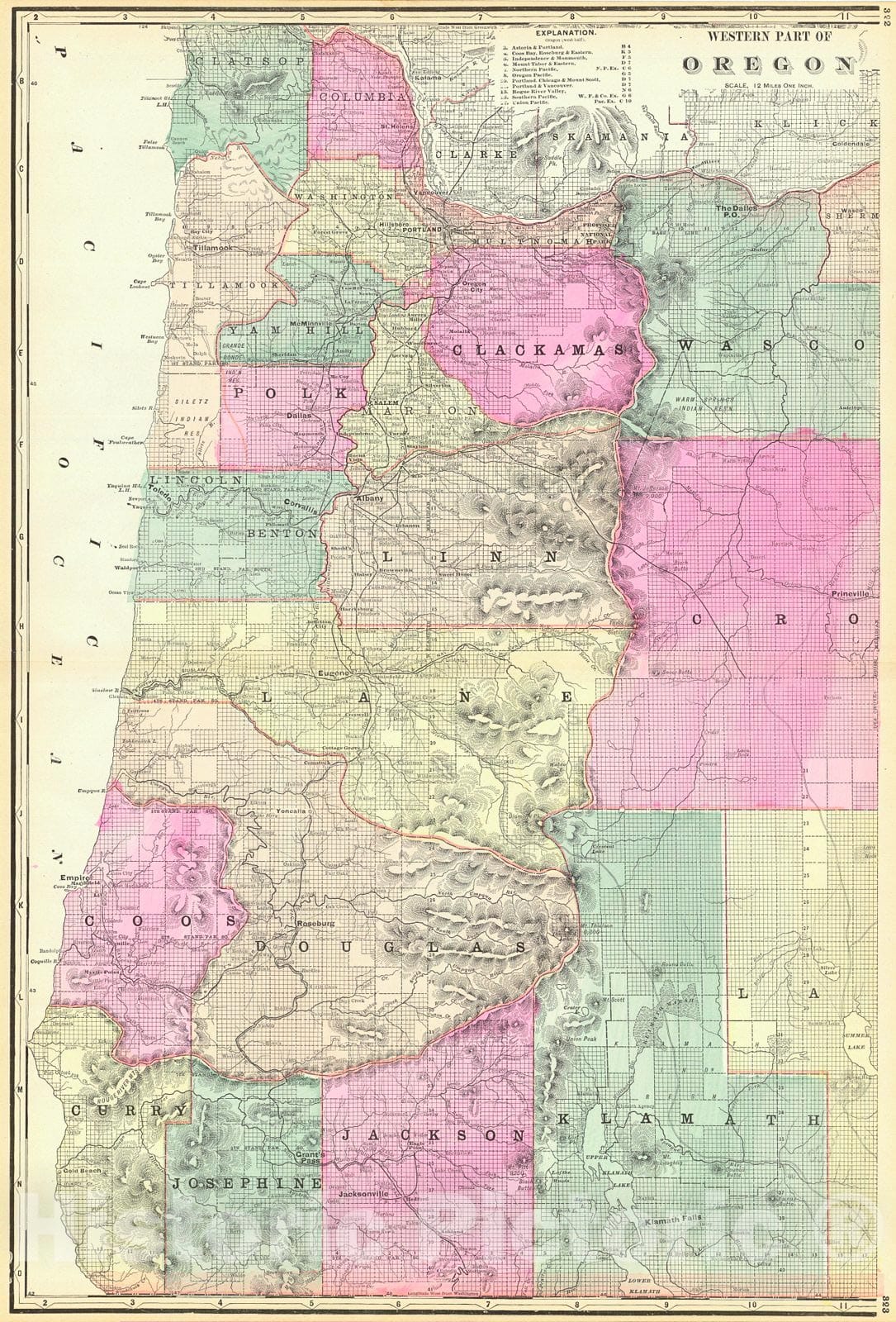 Historic Map : 1895 Western Part of Oregon : Vintage Wall Art