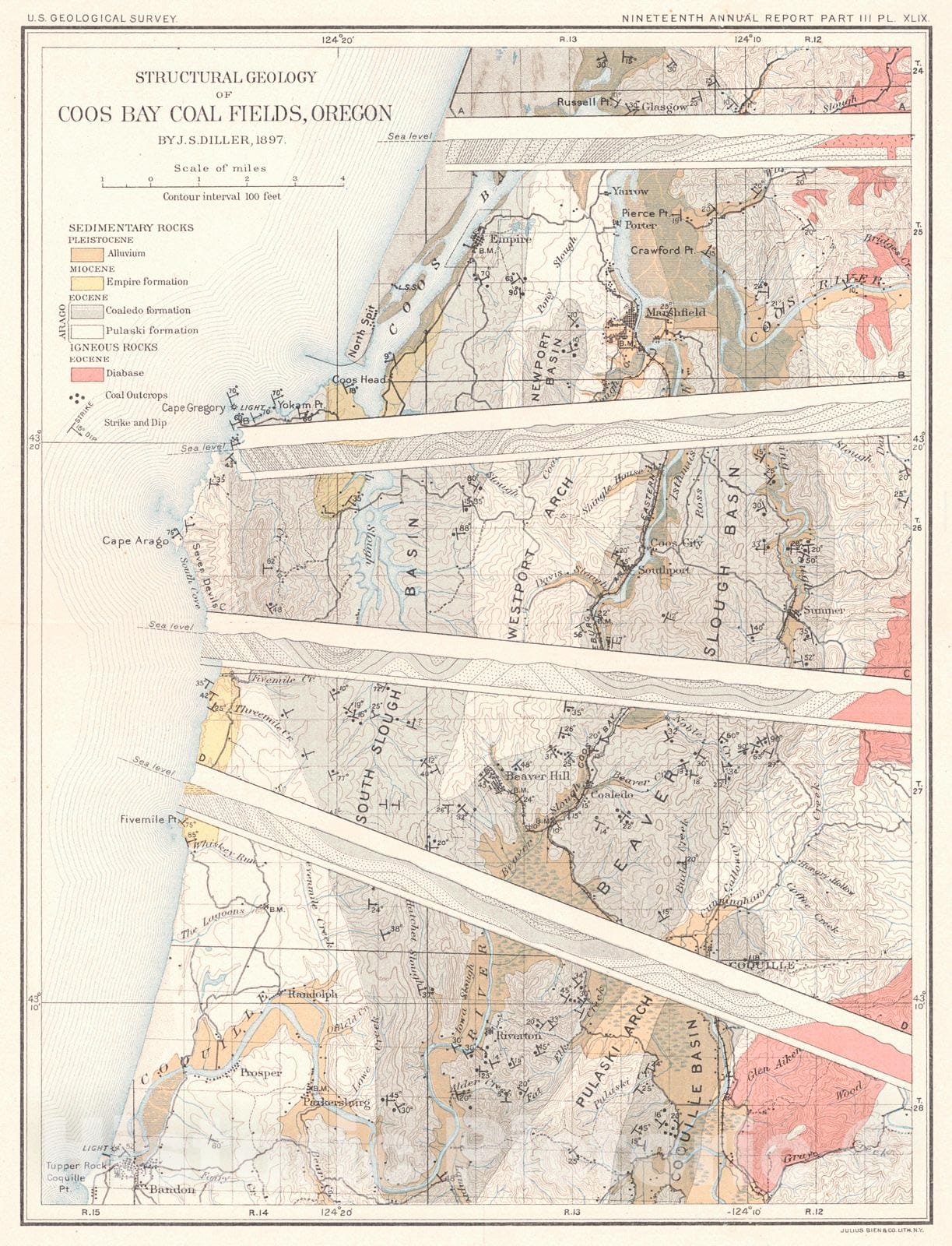 Historic Map : 1897 Structures Geology of Coos Bay Coal Fields, Oregon : Vintage Wall Art