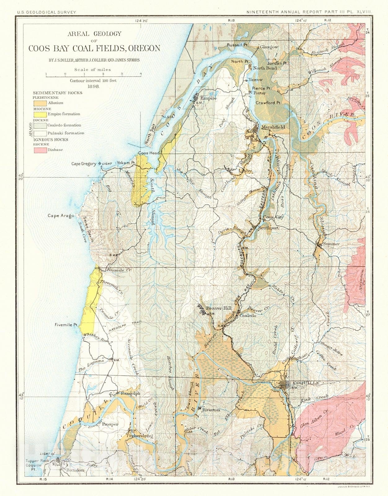 Historic Map : 1898 Areal Geology of Coos Bay Coal Fields, Oregon : Vintage Wall Art