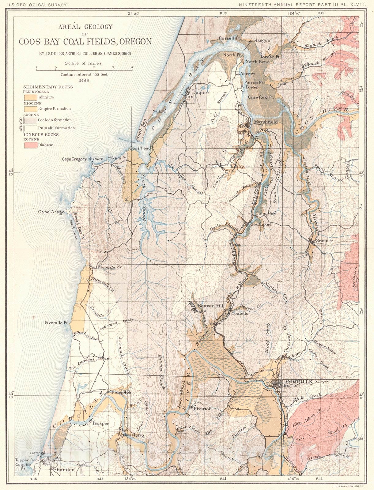 Historic Map : 1897 Areal Geology of Coos Bay Coal Fields, Oregon : Vintage Wall Art