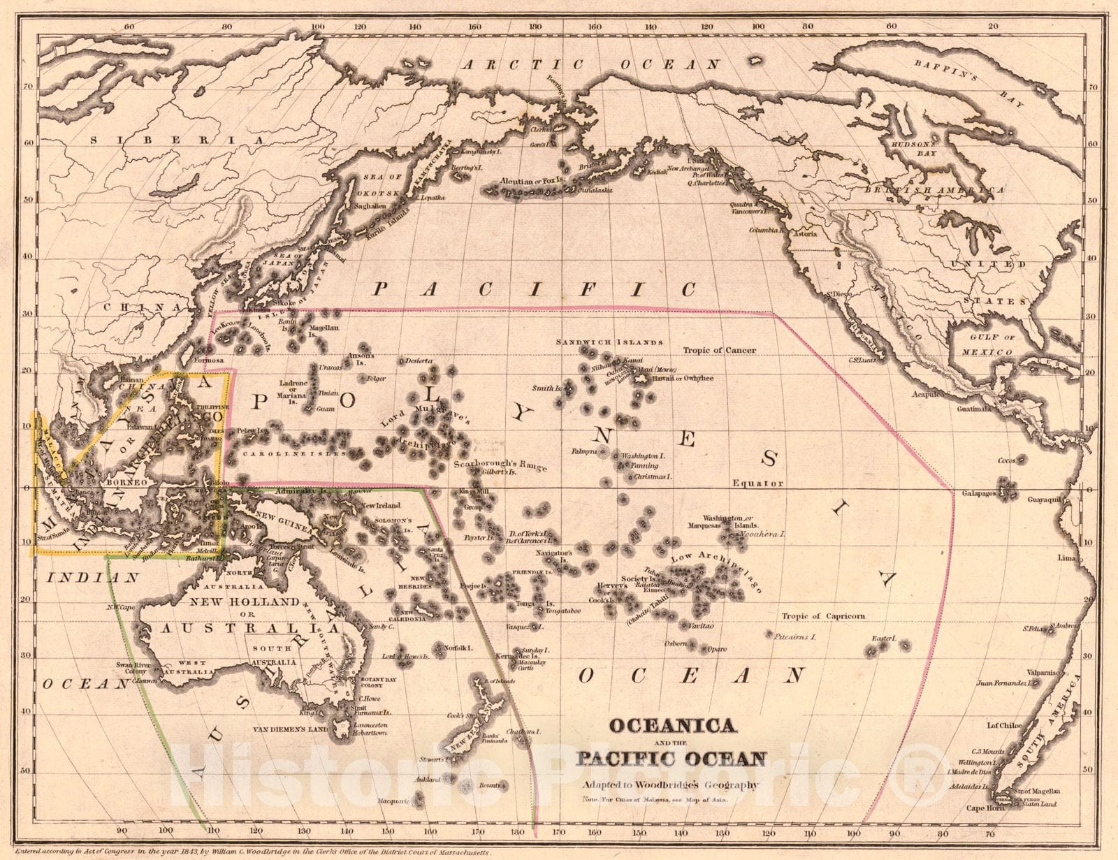 Historic Map : 1843 Oceanica and the Pacific Ocean : Vintage Wall Art