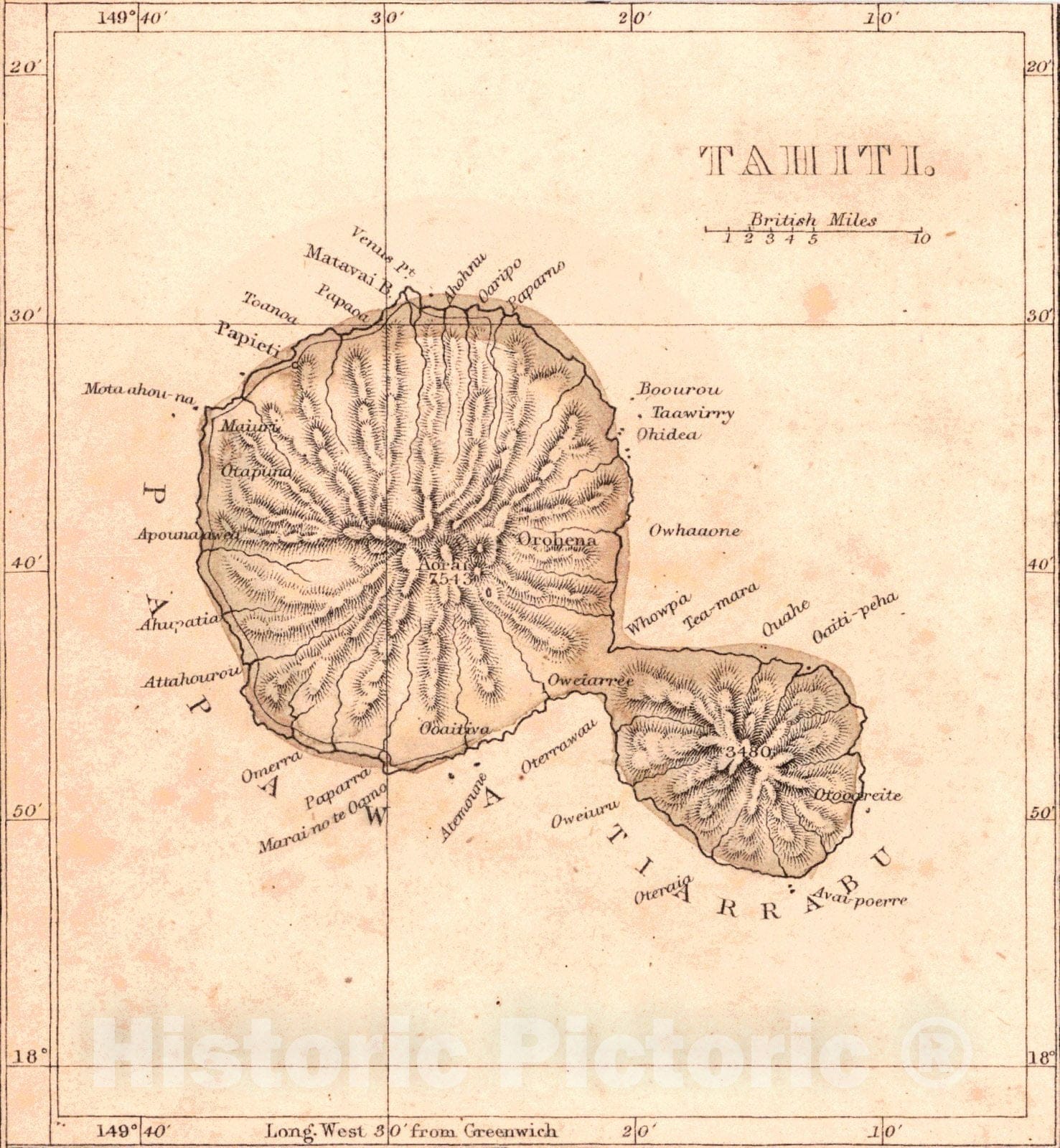 Historic Map : 1850 Tahiti : Vintage Wall Art