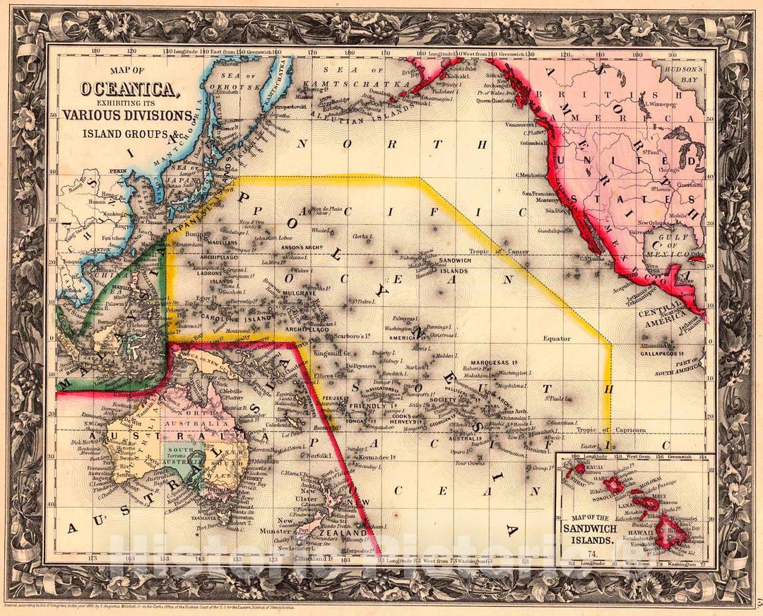 Historic Map : 1861 Map of Oceanica, exhibiting various divisions and island groups : Vintage Wall Art