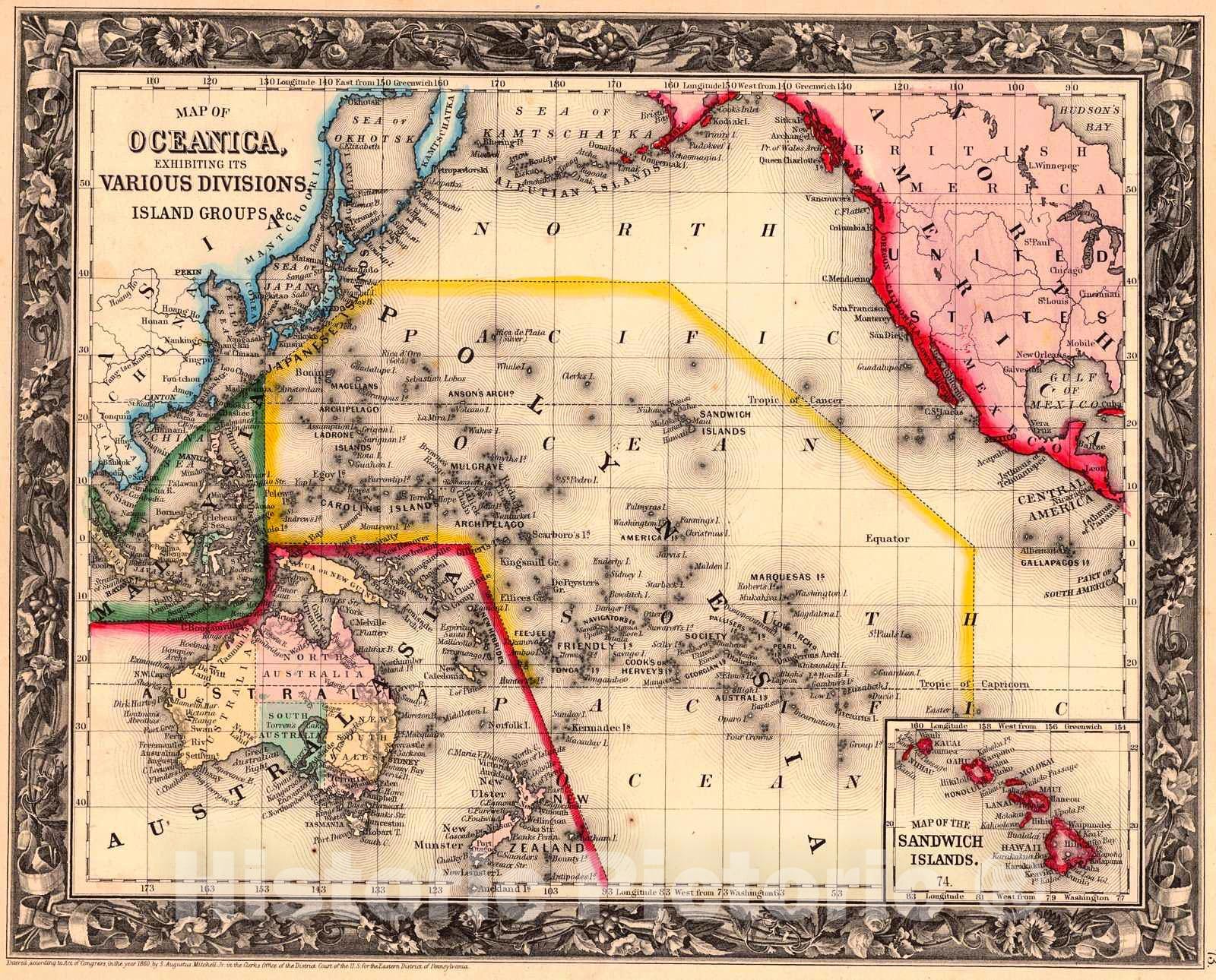Historic Map : 1861 Map of Oceanica, exhibiting various divisions and island groups : Vintage Wall Art