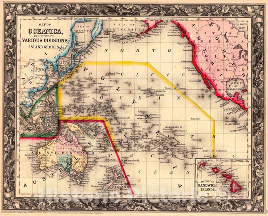 Historic Map : 1861 Map of Oceanica, exhibiting various divisions and island groups : Vintage Wall Art