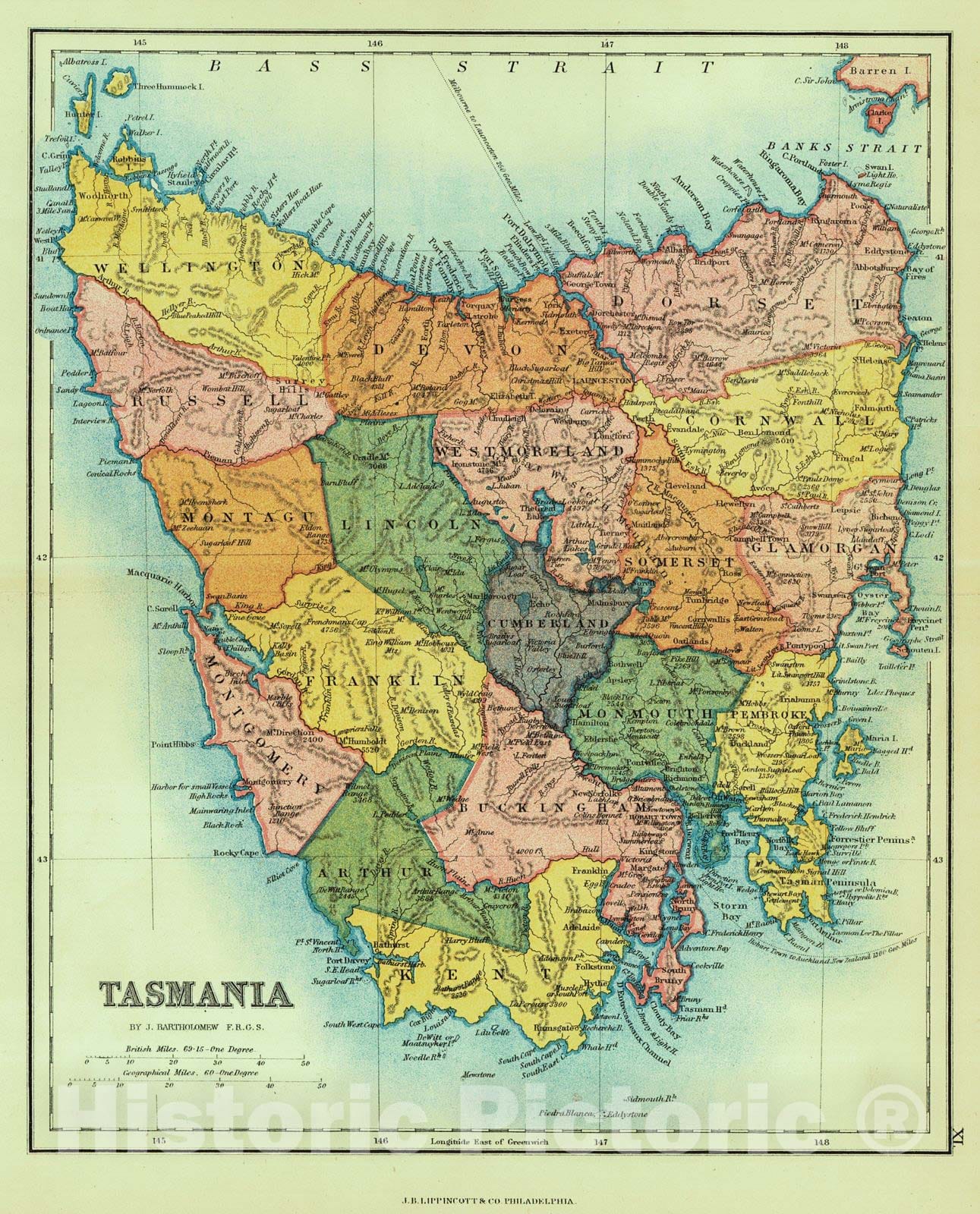 Historic Map : 1869 Tasmania : Vintage Wall Art