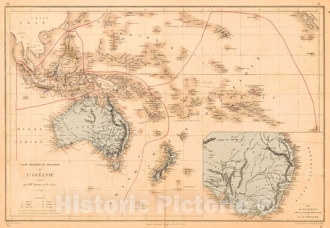 Historic Map : 1872 Carte Physique et Politique de L'Oceanie  : Vintage Wall Art