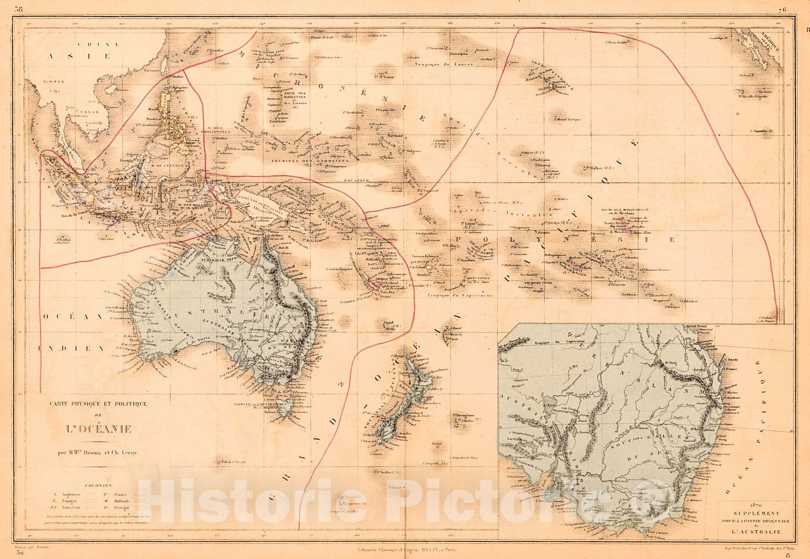 Historic Map : 1872 Carte Physique et Politique de L'Oceanie  : Vintage Wall Art