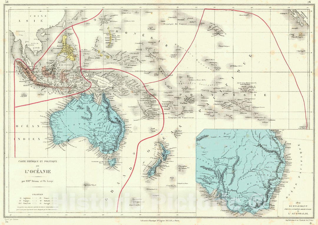 Historic Map : 1873 Carte Physique et Politique de L'Oceanie  : Vintage Wall Art