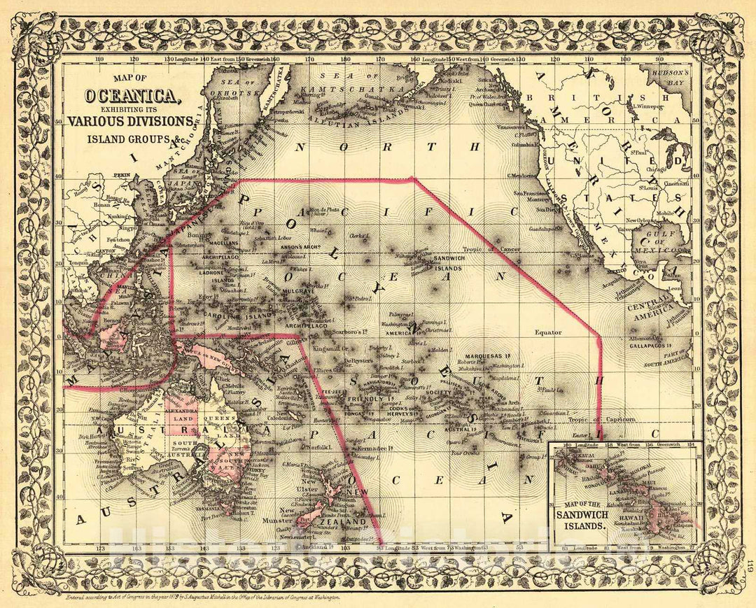 Historic Map : 1880 Map of Oceanica exhibiting its various Divisions, Island Groups : Vintage Wall Art