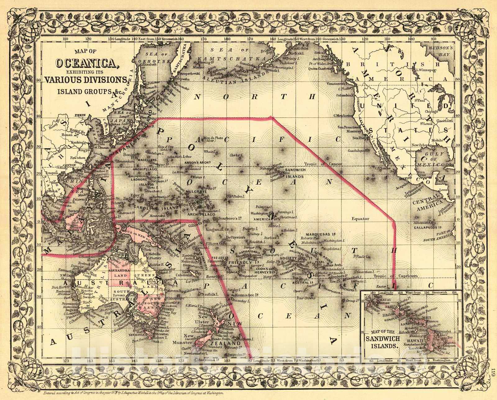 Historic Map : 1880 Map of Oceanica exhibiting its various Divisions, Island Groups : Vintage Wall Art