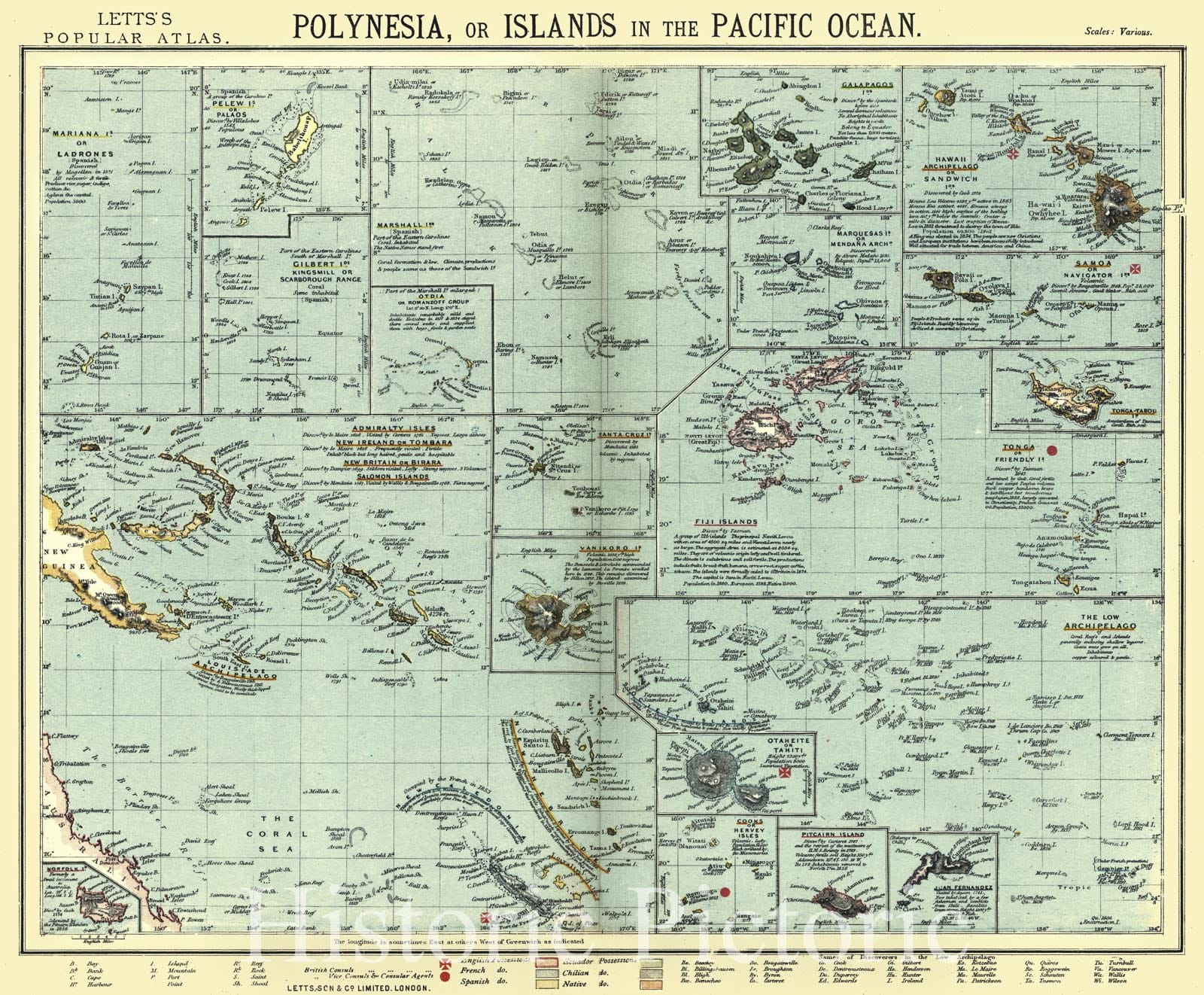Historic Map : 1884 Polynesia, or Islands in the Pacific Ocean  : Vintage Wall Art