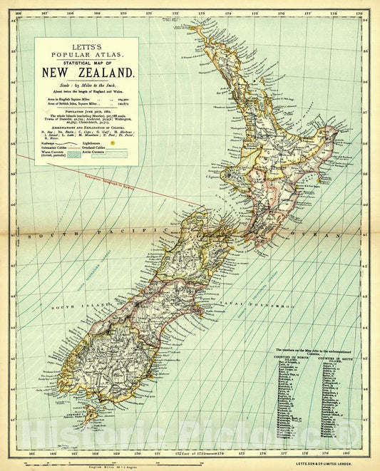 Historic Map : 1884 Statistical Map of New Zealand : Vintage Wall Art