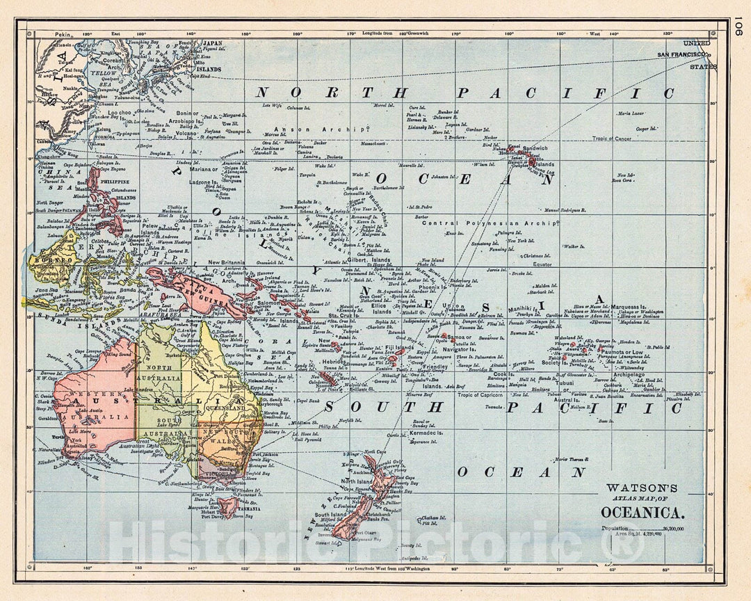 Historic Map : 1886 Watson's Atlas of Oceanica : Vintage Wall Art