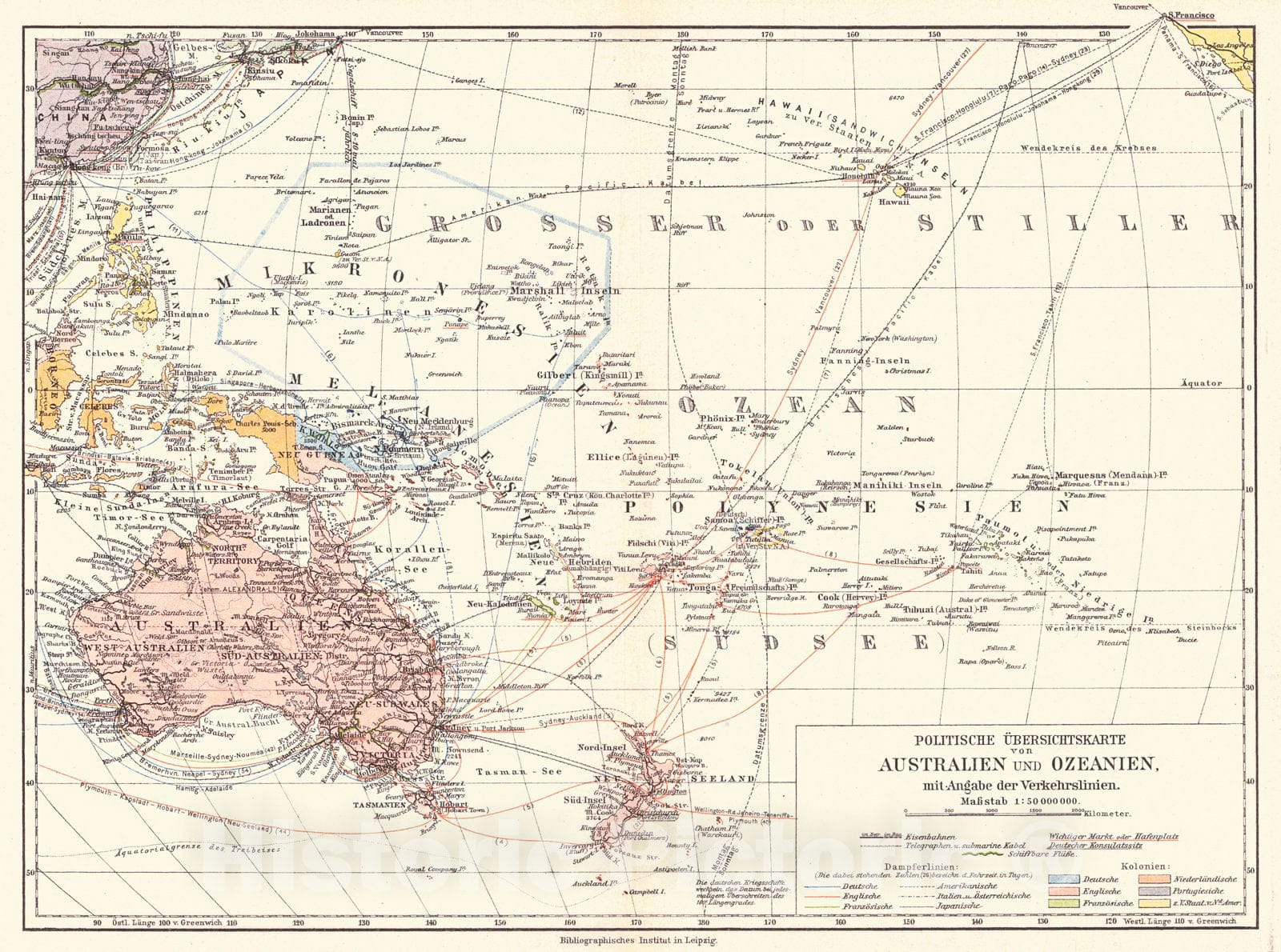 Historic Map : 1894 Politsche &Uuml;bersichtskarte von Australien und Ozeanien : Vintage Wall Art