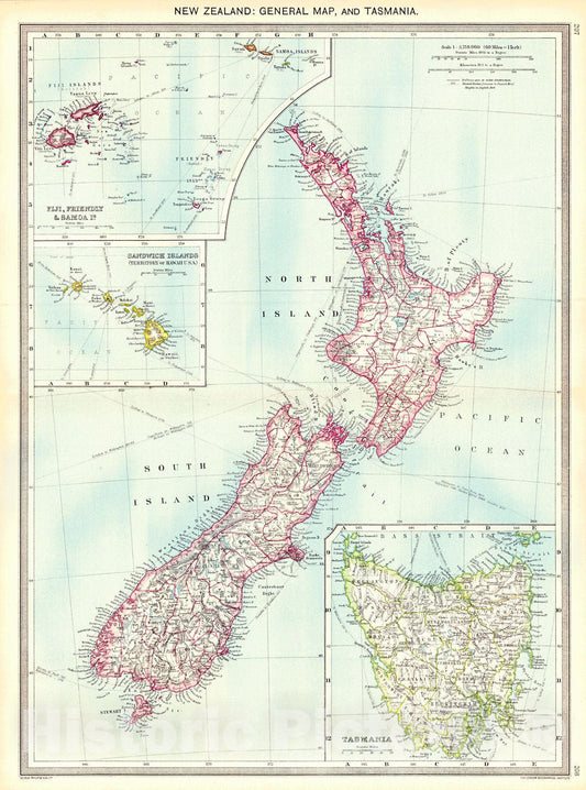 Historic Map : 1910 New Zealand: General Map and Tasmania : Vintage Wall Art