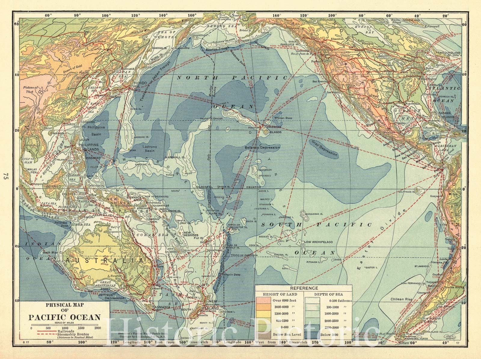Historic Map : 1917 Physical Map of Pacific Ocean : Vintage Wall Art