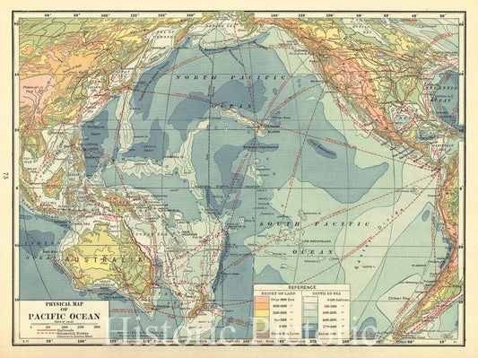 Historic Map : 1917 Physical Map of Pacific Ocean : Vintage Wall Art