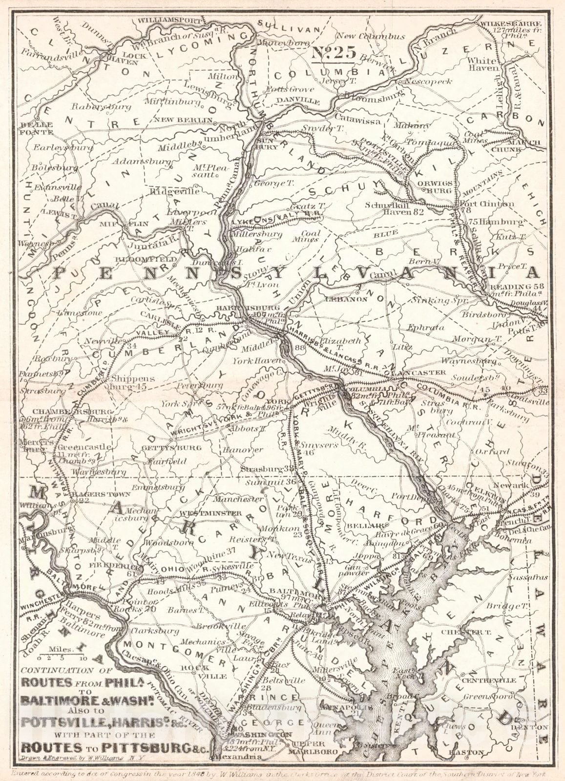 Historic Map : 1848 Continuation of Routes from Phila. to Baltimore & Washn. Also to Pottsville, Harrisg. &c with part of the Routes to Pittsburg : Vintage Wall Art
