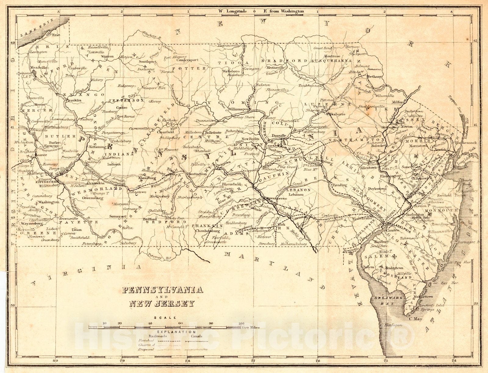 Historic Map : 1849 Pennsylvania and New Jersey : Vintage Wall Art