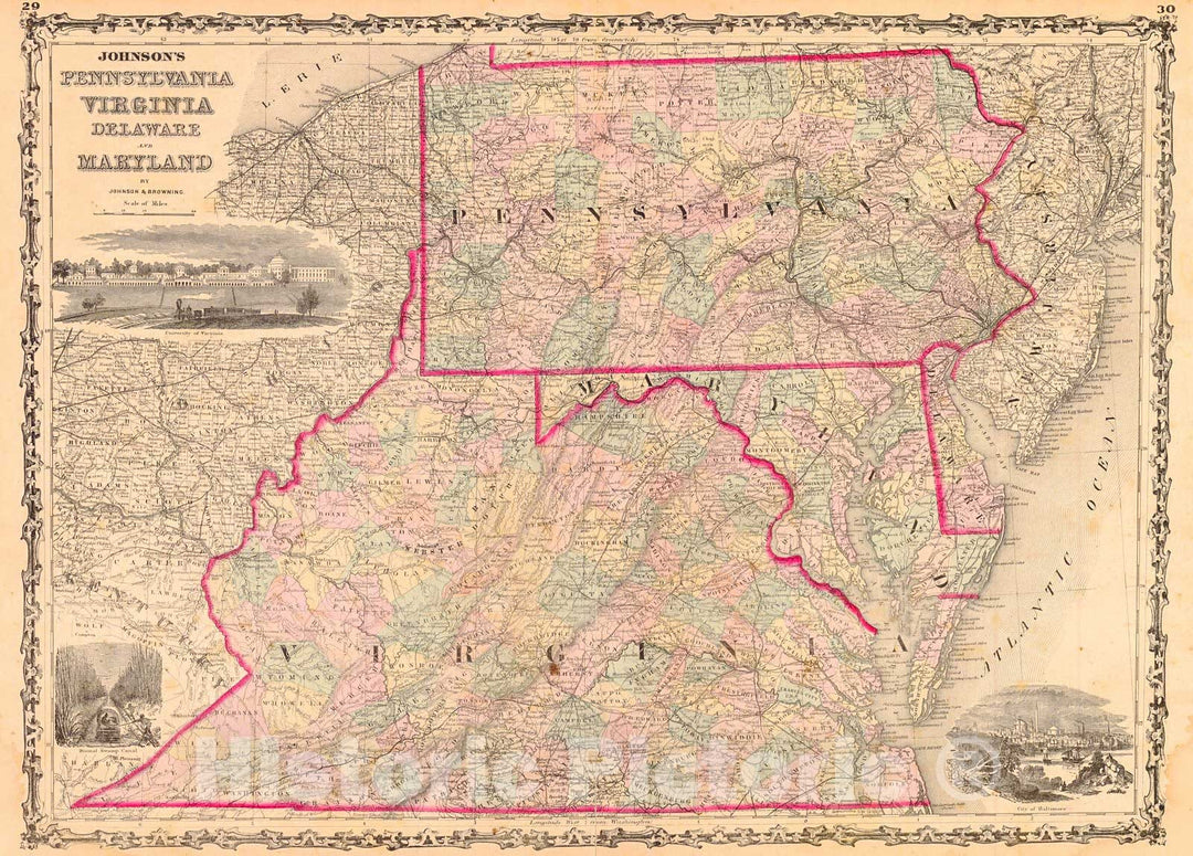 Historic Map : 1861 Johnson's Pennsylvania, Virginia, Delaware, and Maryland : Vintage Wall Art