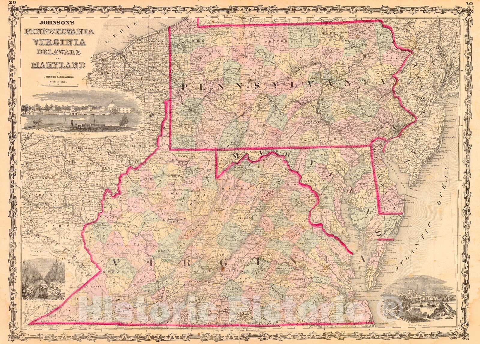 Historic Map : 1861 Johnson's Pennsylvania, Virginia, Delaware, and Maryland : Vintage Wall Art