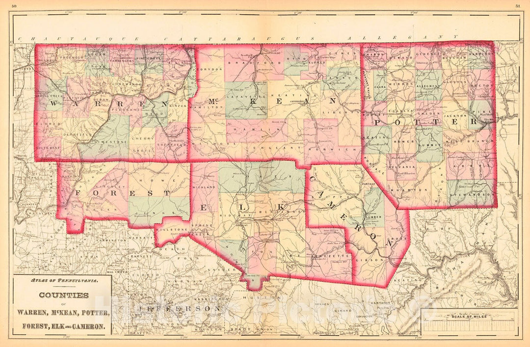 Historic Map : 1872 Counties of Warren, McKean, Potter, Forest, Elk and Cameron : Vintage Wall Art