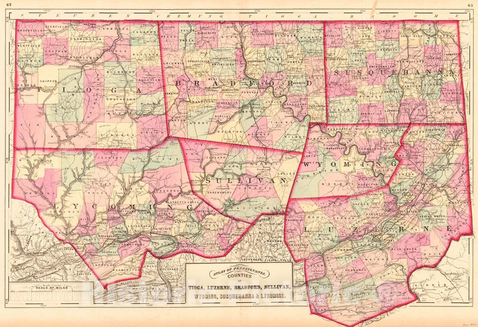 Historic Map : 1872 Counties of Tioga, Luzerne, Bradford, Sullivan, Wyoming, Susquehanna and Lycoming : Vintage Wall Art