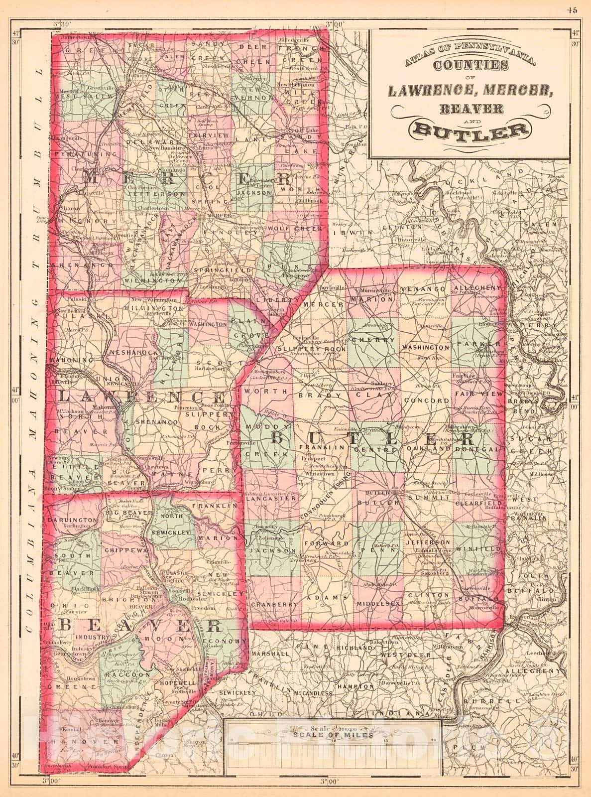 Historic Map : 1872 Counties of Lawrence, Mercer, Beaver, and Butler : Vintage Wall Art