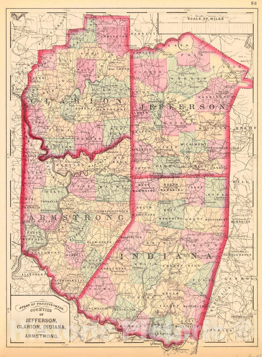 Historic Map : 1872 Counties of Jefferson, Clarion, Indiana, and Armstrong : Vintage Wall Art