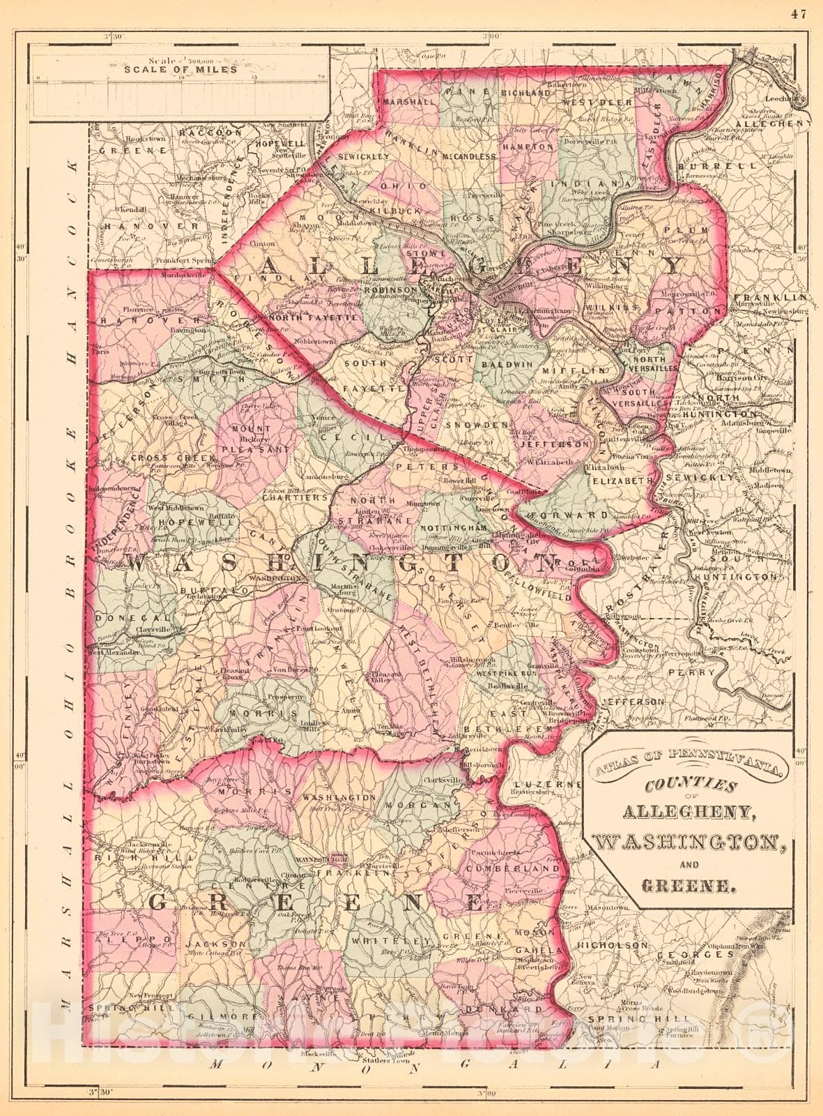 Historic Map : 1872 Counties of Allegheny, Washington, and Greene : Vintage Wall Art
