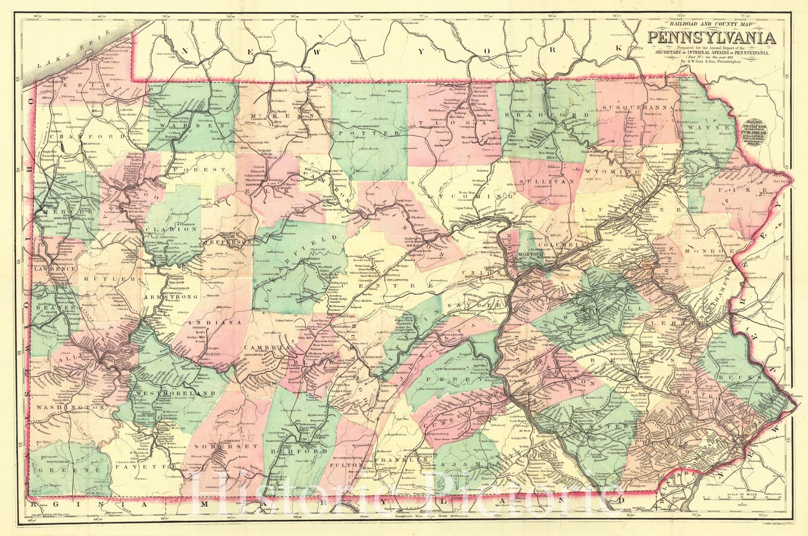 Historic Map : 1875 Railroad and County Map of Pennsylvania : Vintage Wall Art