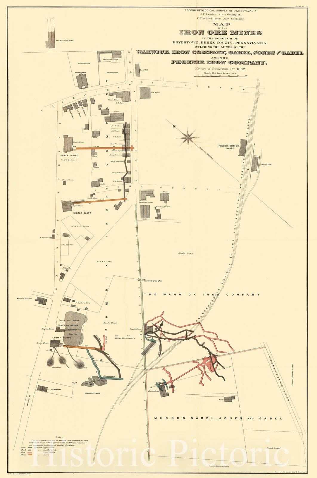 Historic Map : 1882 Map of the Iron Ore Mines in the Borough of Boyertown, Berks County, Pennsylvania : Vintage Wall Art