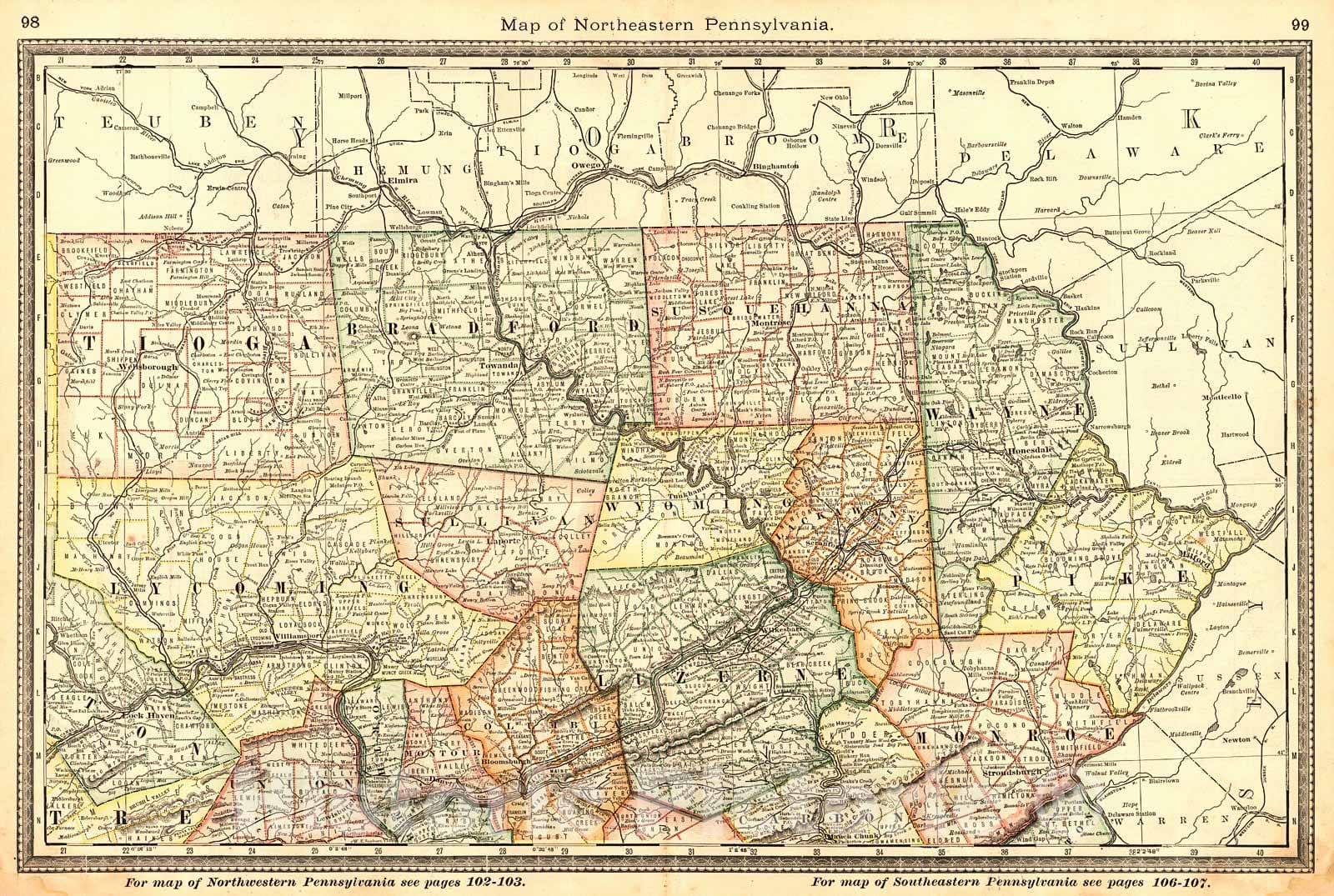 Historic Map : 1883 Map of Northeastern Pennsylvania : Vintage Wall Art