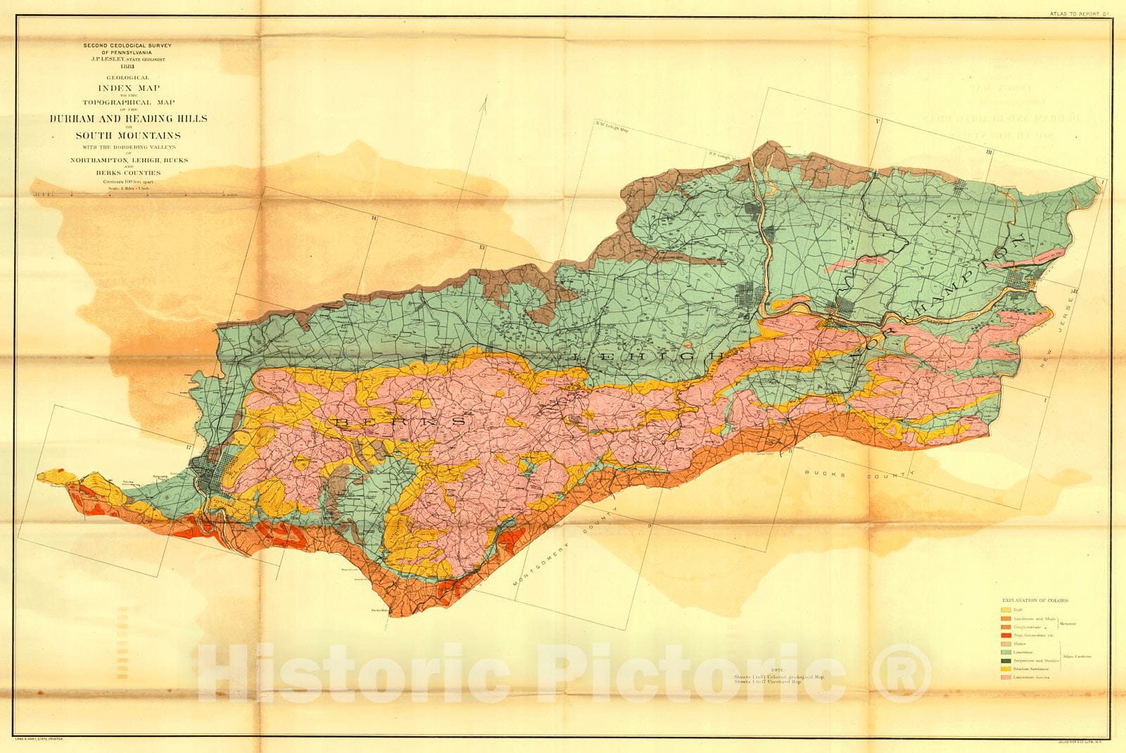 Historic Map : 1883 Topographical Map of the Durham and Reading Hills or South Mountains with the bordering valleys of Northhampton, Lehigh, Bucks and Berks Counties : Vintage Wall Art