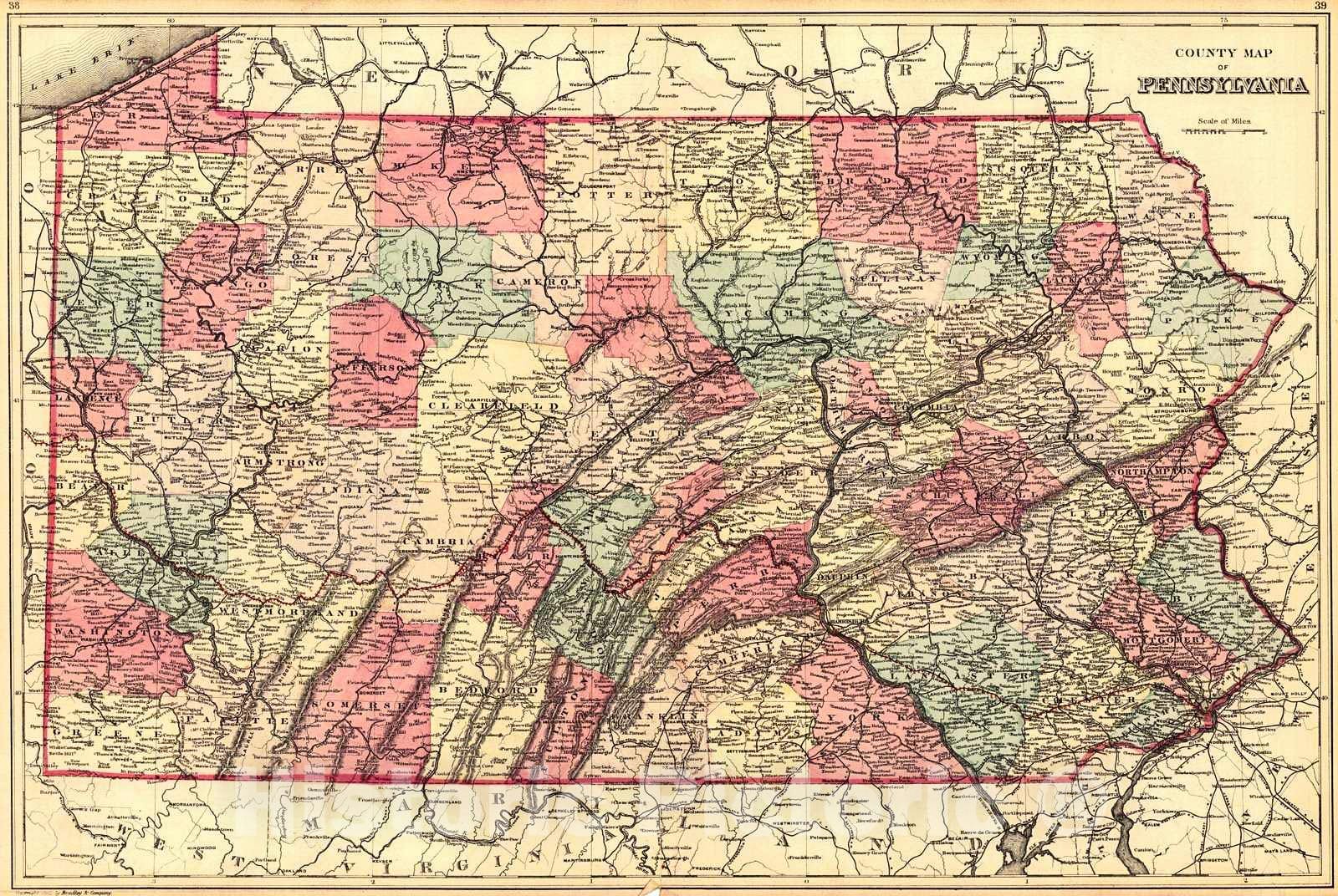 Historic Map : 1884 County Map of Pennsylvania : Vintage Wall Art