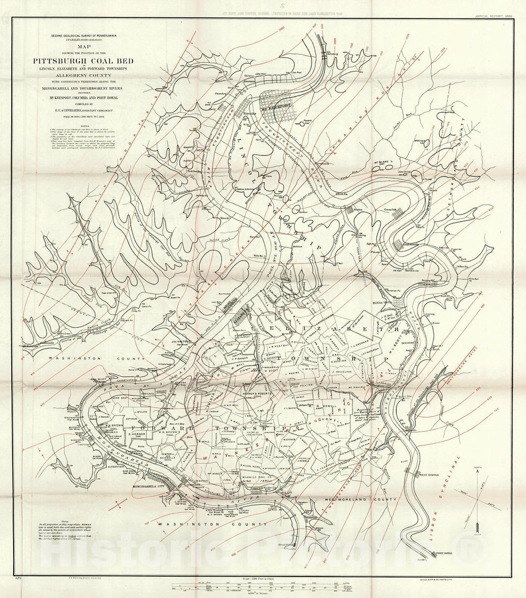 Historic Map : 1885 Map showing the position of the Pittsburgh Coal Bed in Lincoln, Elizabeth and Forward Townships, Allegheny County : Vintage Wall Art