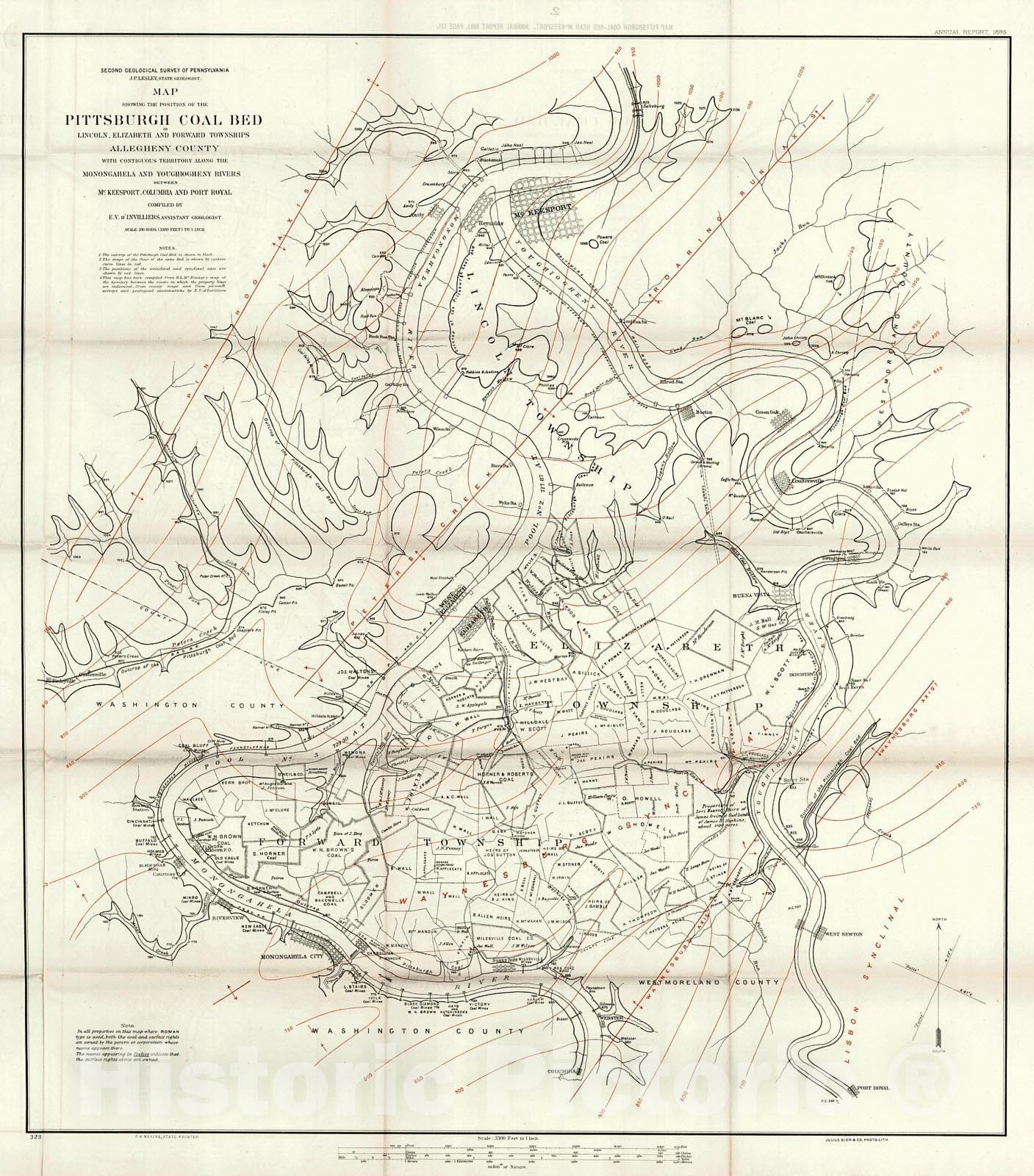 Historic Map : 1885 Map showing the position of the Pittsburgh Coal Bed in Lincoln, Elizabeth and Forward Townships, Allegheny County : Vintage Wall Art