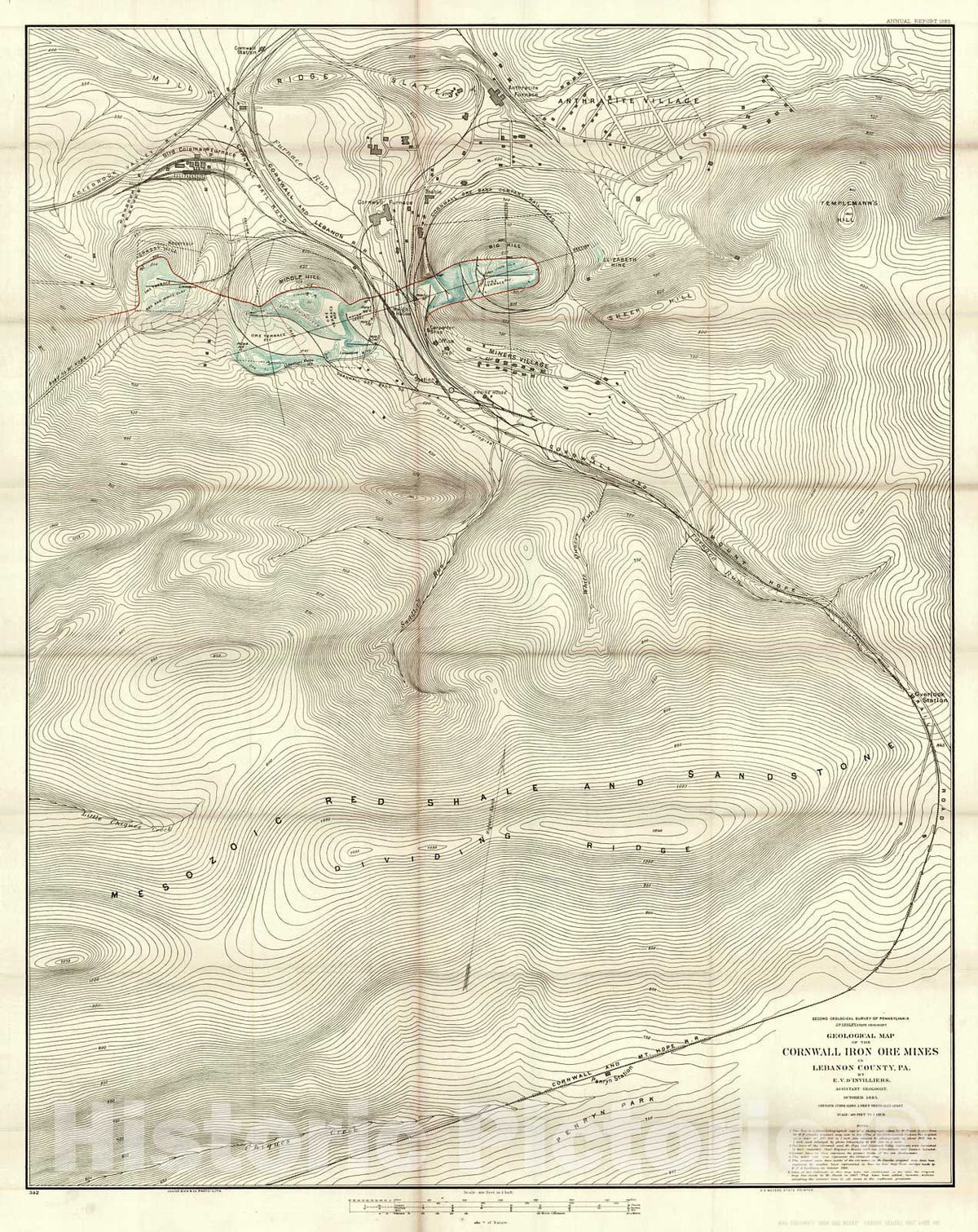 Mining Map Roche Cornwall Historic Map : 1885 Geological Map of the Cornwall Iron Mines in Leban ...