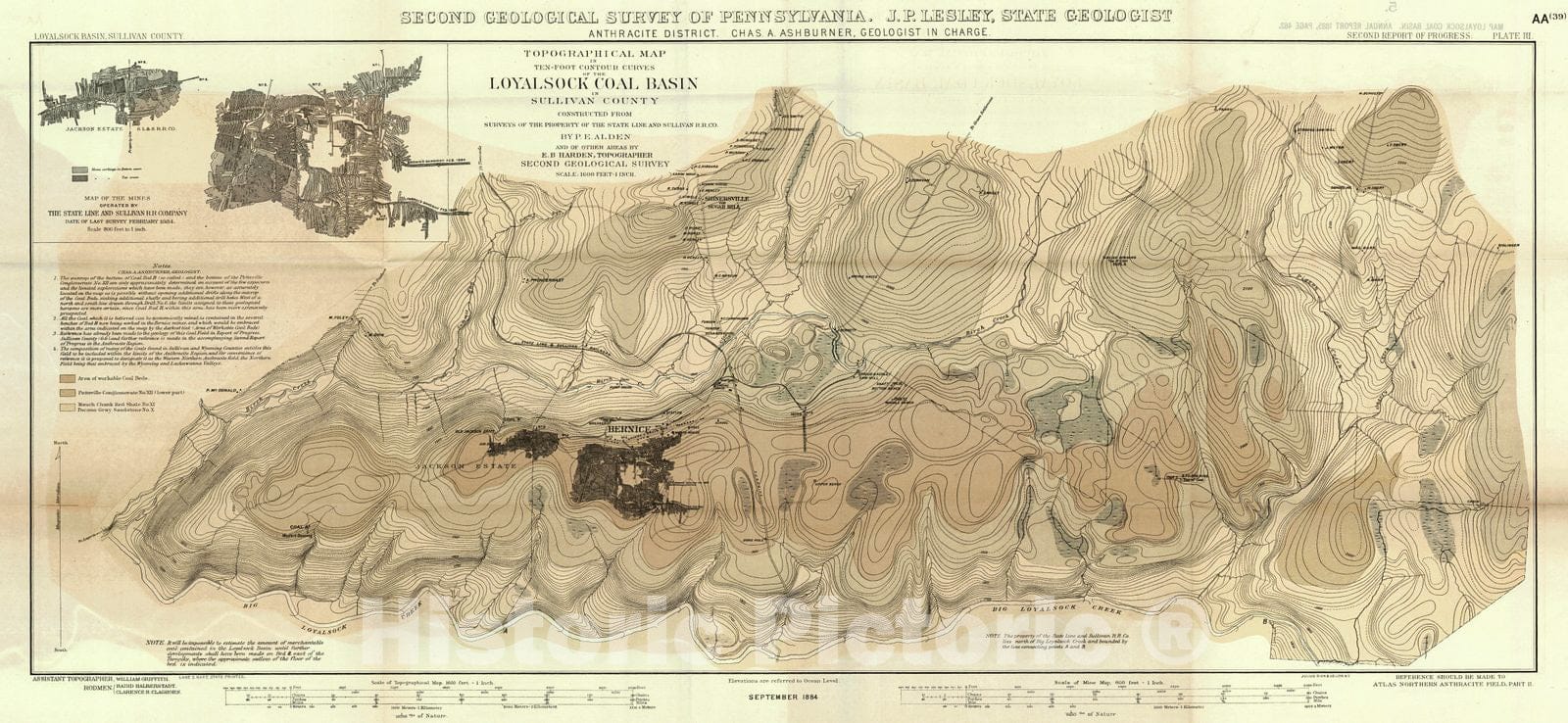 Historic Map : 1885 Topographical Map in ten-foot contour curves of the Loyalsock Coal Basin in Sullivan County : Vintage Wall Art