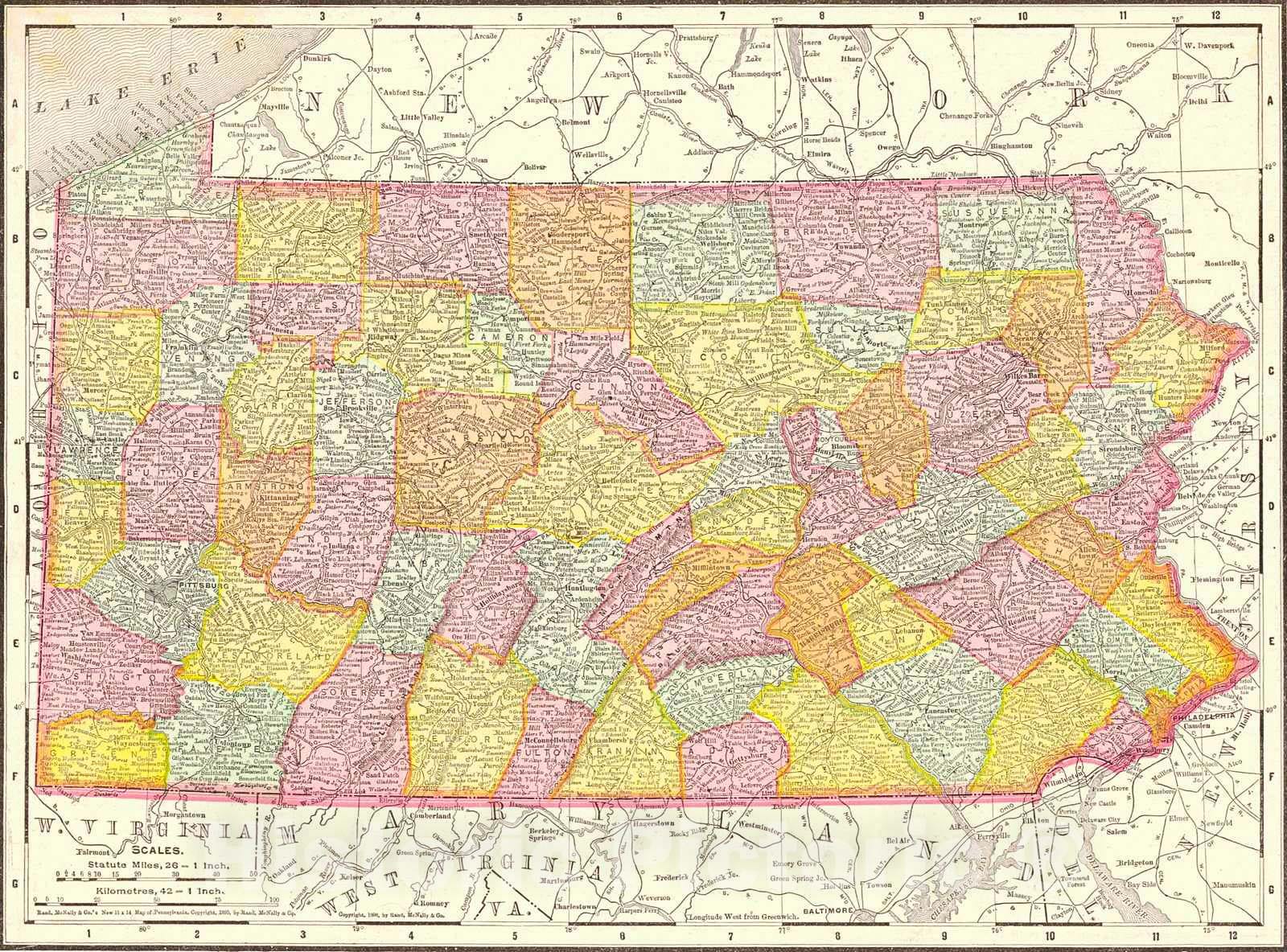 Historic Map : 1898 Rand McNally and Co.'s New 11 x 14 Map of Pennsylvania : Vintage Wall Art